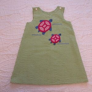 Vive La Fete Girls Reversible Gingham  Dress Turtles appliques